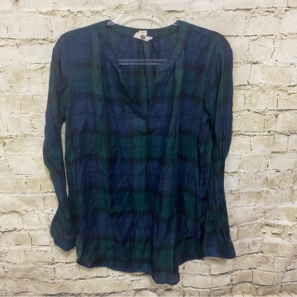 LOFT Blue Green Plaid Softened V Neck Popover Top - Picture 1 of 5